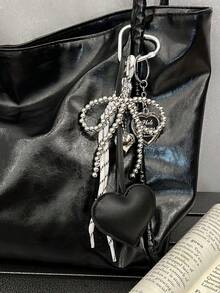 1个少女风银色珠子蝴蝶结包包挂饰，皮革心形钥匙扣吊坠，精美派对礼物 - 彩色 - 查看 5