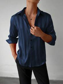 Men's Striped Print Button-Front Casual Long Sleeve Shirt - Navy Blue - View 4