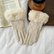 1 Pair Casual Suede Thermal Lined Warm Gloves, Winter Windproof Thickened Diamond Pattern Touch Screen Gloves For Women - Multicolor - View 6