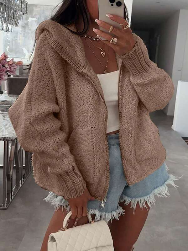 Cardigan en tricot unicolore pour femmes avec poches zippées, tenue décontractée