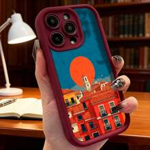 Fundas de teléfono transparentes y modernas,Carcasa para telefono con diseño de ciudad mediterránea color azul y naranja con estampado de edificios rojos y sol anaranjado ideal para uso diario y viajes Aplicable a teléfonos Apple y Galaxy - Burdeos - Ver 2