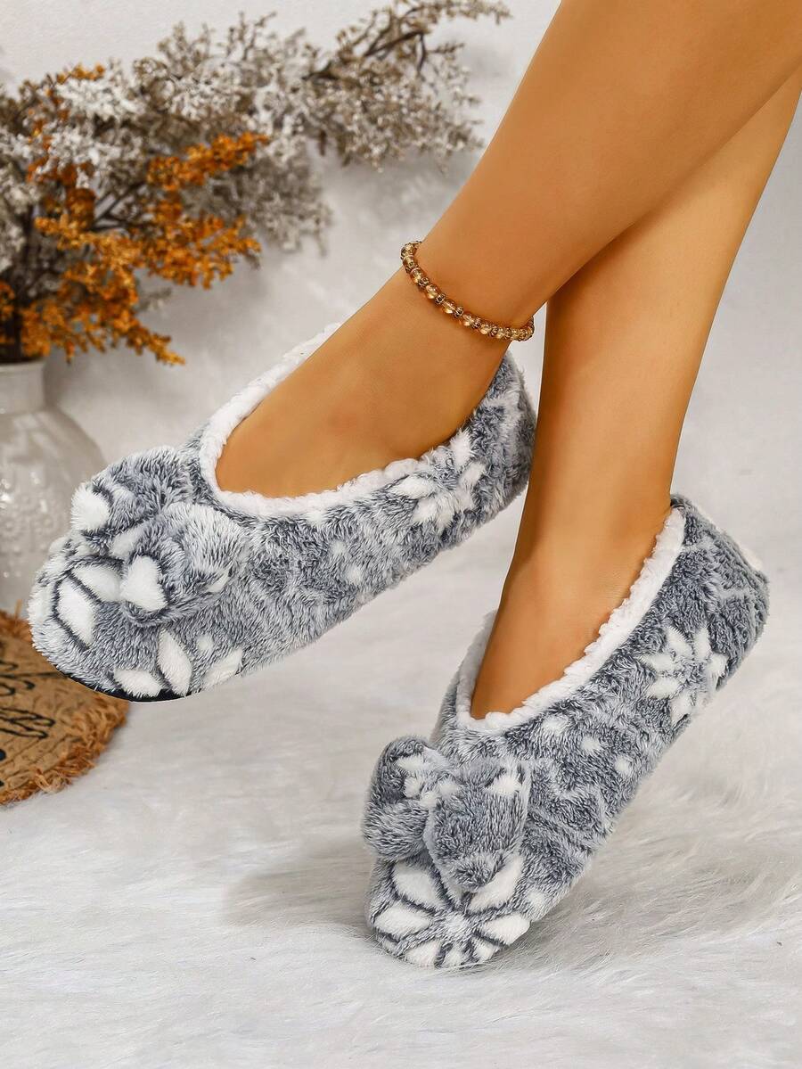 RALSWNAY 秋冬女士平底家居拖鞋，新款时尚防滑星形蝴蝶结设计，柔软舒适轻便 - 淺灰色 - 查看 1