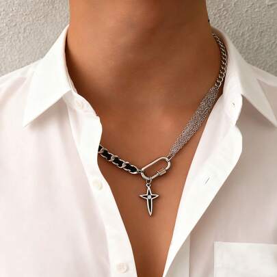 قلادة رجالية موضة مصنوعة من سلسلة مزدوجة مزخرفة بالراين ستون بتصميم صليب مجوف، سلسلة هيب هوب أنيقة، هدية مناسبة للأزواج، هدية عيد ميلاد