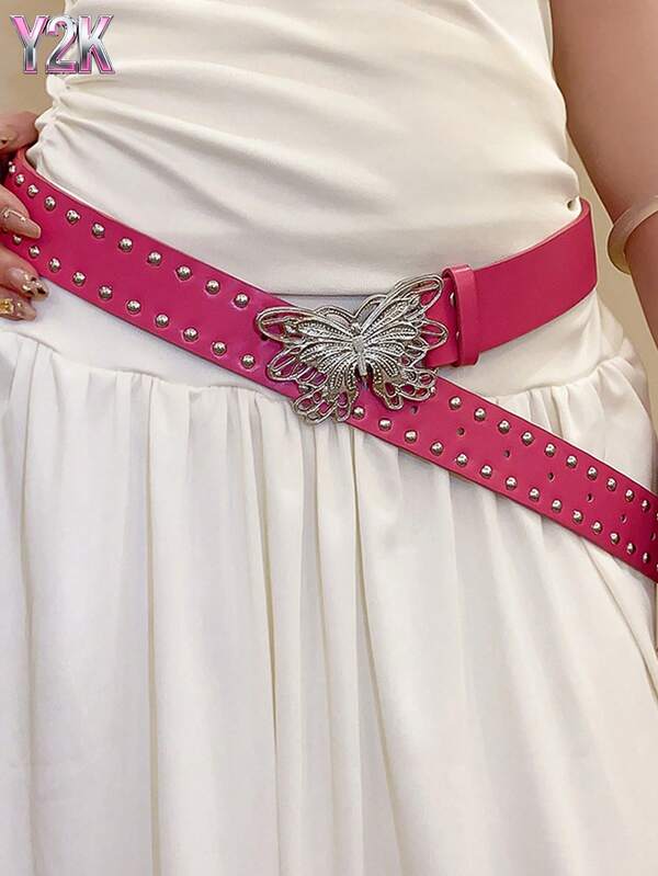 Corrente de Cintura com Rebite de Borboleta Y2K em Couro: Cinto Estiloso, Chique, Doce e Descolado; Acessório de Cintura Único e Versátil; Design de Nicho.