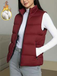 女士秋冬无袖羽绒背心外套，黑色保暖绗缝马甲，轻便时尚外套，适合休闲街头风叠穿 - 酒紅色 - 查看 3