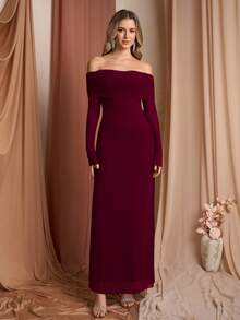 露肩褶饰亮片网眼长裙 - 酒紅色 - 查看 7