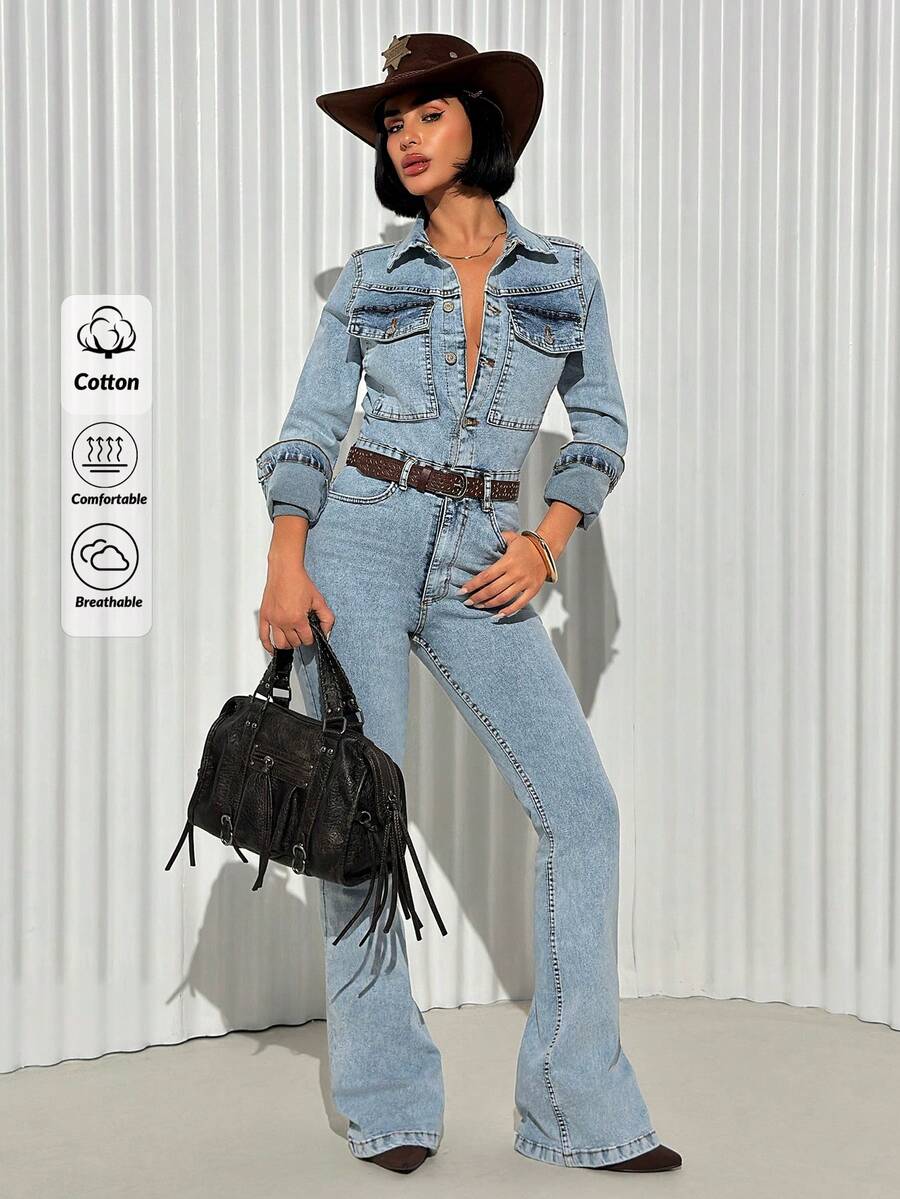 Women's Casual Button Half-Zip Long Sleeve Denim Flare Jumpsuit, Autumn - Baby Blue - View 1