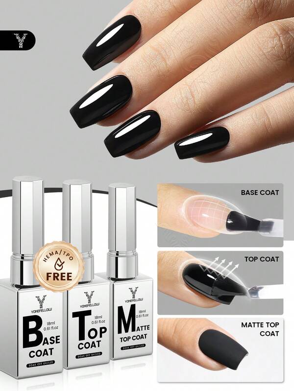 YOKEFELLOW قاعدة وطبقة علوية وطبقة علوية مطفأة سعة كبيرة خالية من TPO وHEMA، تشطيب لامع وطويل الأمد، جل واضح مقاوم للخدش والتآكل لصالون المناكير DIY المنزلي للنساء والفتيات هدية جديدة