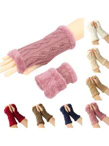 Autumn And Winter Knit Fingerless Gloves - Women's Wool Lined Thick And Thick Fleece Lace Pattern Fingerless Gloves With Furry Sleeve Ends, Warm Gloves Suitable For Cold Weather In Autumn And Winter. Christmas Gift Thermal Warm Winter
