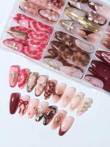 144片（6种混合款式）杏仁形3D凝胶美甲贴纸，适用于花朵和十字架美甲设计，法式按压式杏仁形甲片，带珍珠装饰，完美适用于亚克力美甲延长，包含：1瓶果冻凝胶和1个指甲锉，适合女性日常、节日派对和其他场合的美甲用品 - 彩色 - 查看 2