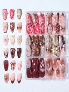 144片（6种混合款式）杏仁形3D凝胶美甲贴纸，适用于花朵和十字架美甲设计，法式按压式杏仁形甲片，带珍珠装饰，完美适用于亚克力美甲延长，包含：1瓶果冻凝胶和1个指甲锉，适合女性日常、节日派对和其他场合的美甲用品 - 彩色 - 查看 3