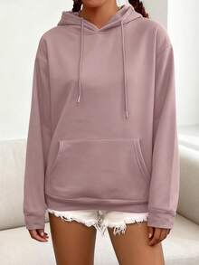 Women's Simple Sporty Hooded Sweatshirt (With Front Pocket) - Comfortable Autumn/Winter Everyday Pullover Style, Machine Washable, Casual Sporty Sweatshirt With Ribbed Cuffs - Bụi hồng - Xem 1