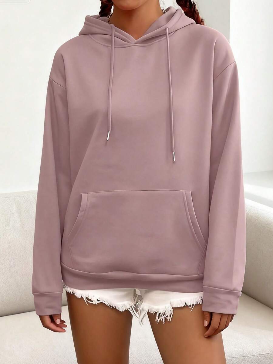 Women's Simple Sporty Hooded Sweatshirt (With Front Pocket) - Comfortable Autumn/Winter Everyday Pullover Style, Machine Washable, Casual Sporty Sweatshirt With Ribbed Cuffs - Bụi hồng - Xem 1
