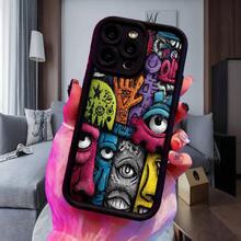 Fundas de teléfono transparentes y modernas,Cubierta de teléfono con diseño artístico multicolor con ojos y caras abstractas para uso diario en interiores Aplicable a teléfonos Apple y Galaxy - Negro - Ver 4