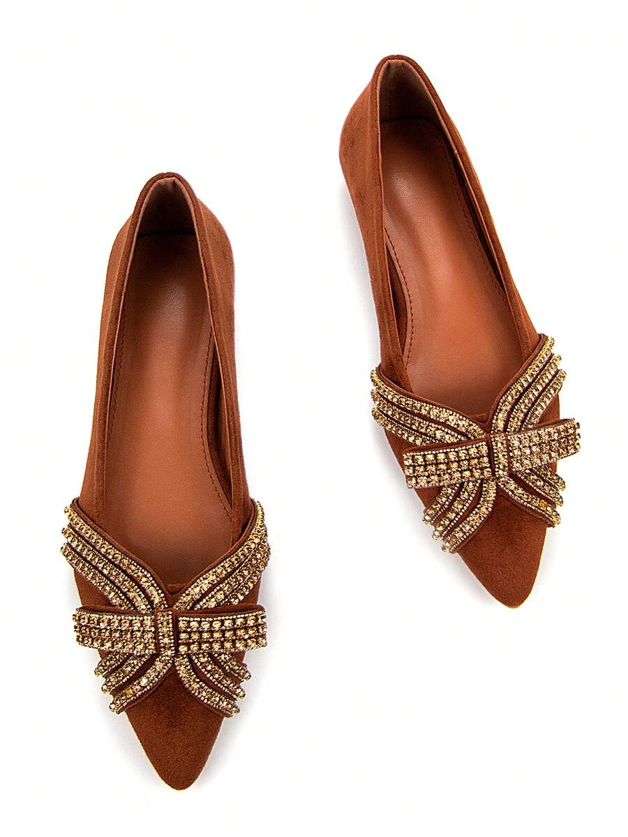 Giày dự tiệc đế bằng, thoải mái, mũi nhọn, đính đá pha lê vàng lấp lánh, trang trí nơ cho nữ, chất liệu da lộn màu nâu - màu nâu - Xem 1