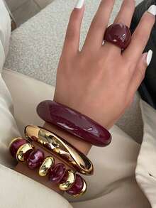 1pc Bohemian Geometric Arc Resin Cuff Bracelet Ring Set, Luxurious Casual Party Women Couples Wedding Holiday Versatile Jewelry Resin Bracelet Ring Gift (The Material And Color Of The Bracelet Are Subject To The Actual Product) - Bracelet - View 2