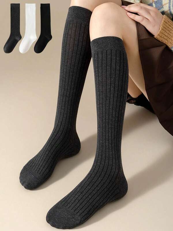 3 Pairs Autumn Winter Calf Socks For Women Knee-High Long Socks Fashionable Solid Color Japanese-Style Casual Women's Warm Socks Soft Comfortable