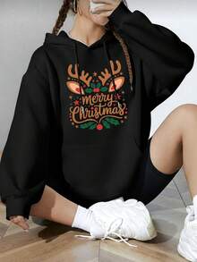 Sudadera informal de manga larga con capucha y estampado navideño para mujer, con bolsillo, largo estándar y tejido de punto ligeramente elástico. - Negro - Ver 2
