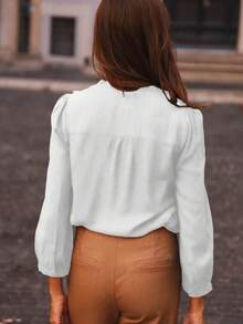 Blusa de mujer, detalles de costura de encaje de unicolor, elegancia romántica exquisita - Blanco - Ver 3