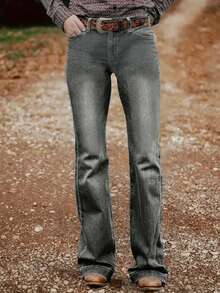 Women's Embroidered Back Pocket Flare Jeans, Elastic, All Season - Dark Grey - View 2