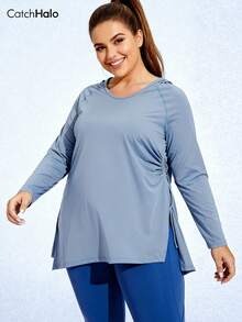 Große Größen Blaue Langarm Plissee Kordelzug Locker Sitzende Kapuzen Sport Top für Kurvenreiche Frauen, Herbst Winter Gym Tennis Outdoor Sport & Alltäglicher Lässig Lauf