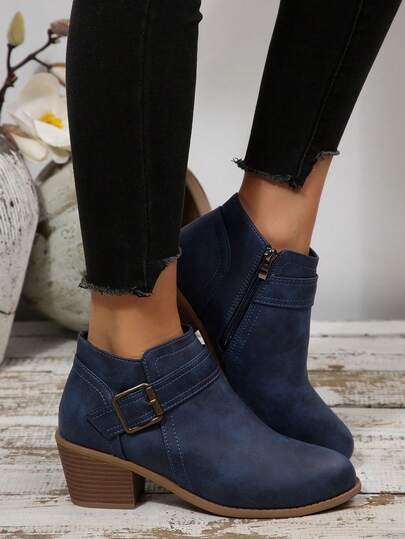西部风格侧拉链女式秋季新款真皮皮带扣装饰外套时尚踝靴，尖头粗跟侧拉链纯色轻便舒适休闲裸色靴