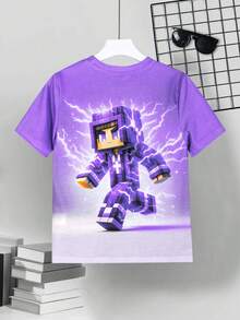 Camiseta casual y elegante con estampado de dibujos animados, camiseta de manga corta y cuello redondo con diseño de dibujos animados y fresco, ropa infantil para todas las estaciones, producto talla grande vendido para uso al aire libre - Morado Violeta - Ver 3
