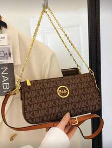 1pc Women's Multicolor Patchwork Square Shoulder Bag, Adjustable Strap, Letter & Chain Decor, Crossbody Bag, New Design - 咖啡棕 - 查看 4