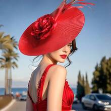 Womens Baptism Wedding Cloche Hat Tea Party Derby Dress Hats Sun Hat Straw Cap Party Garden Travel - 紅色 - 查看 5