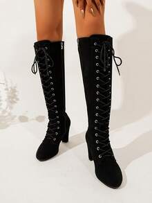 Women's Lace-Up Slimming High Heel Knee-High Boots, Featuring Lace-Up Metal Buckle Accent, Pointed Toe, Chunky Heel, Vintage Punk Style, Suitable For Daily Wear In Autumn/Winter, Available In Multiple Colors, Suede Material - Black - View 4