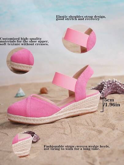 Women's Fashionable Pink Elastic Band Breathable Casual Vacation Hemp Rope Wedge Sandals