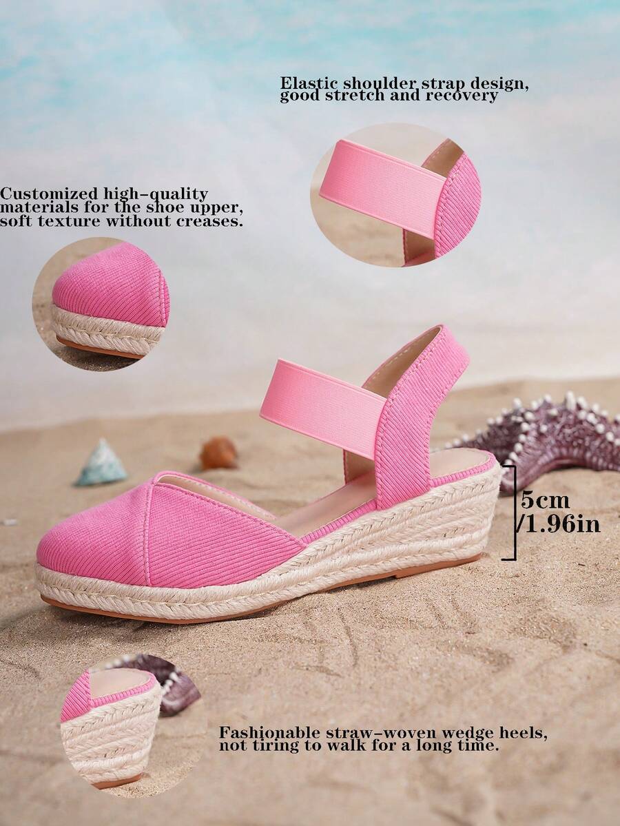 Women's Fashionable Pink Elastic Band Breathable Casual Vacation Hemp Rope Wedge Sandals
