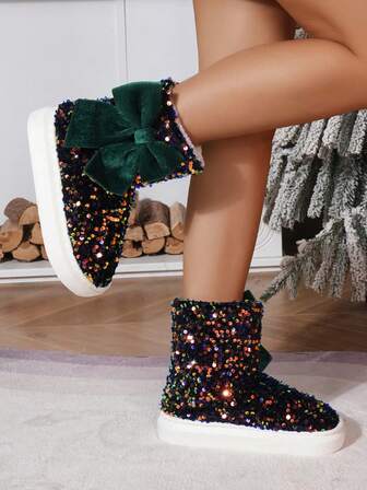 2025 Women's Sequined Upper With Green Large Bow Decoration, Faux Wool Snow Boots, Comfortable And Warm Mid-Calf Style, Plush Lining, Non-Slip Sole, Suitable For Outdoor Wear During New Year's Holidays And Christmas.