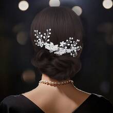 1件优雅新娘头饰，饰有水钻、仿珍珠和叶子花朵，简约发型配饰 - 銀色 - 查看 4