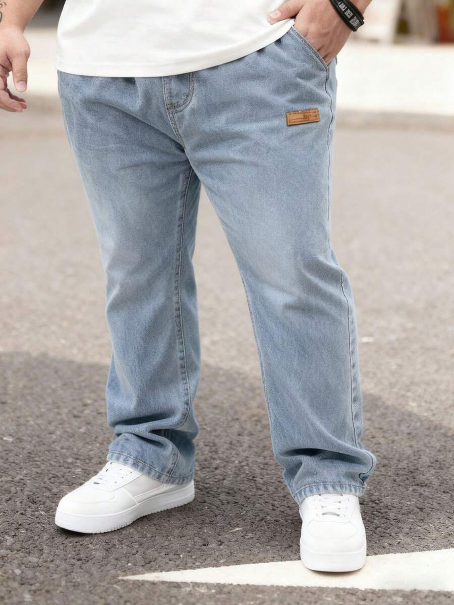 Men's Plus Size Simple Solid Color Loose Straight Elastic Drawstring Waist Jeans - Medium Wash - View 1