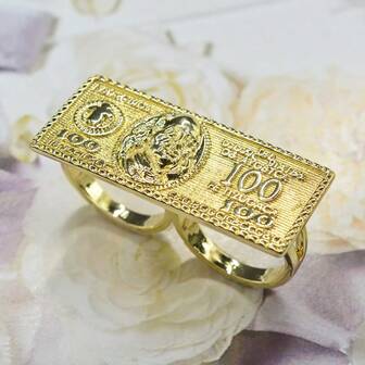1pc Fashion Hip Hop Dollar Bill Double Finger Ring, Hollow Connected Finger Ring, Suitable For Men's Daily Wear, Party, Great Gift For Halloween, Christmas, Easter, Boyfriend