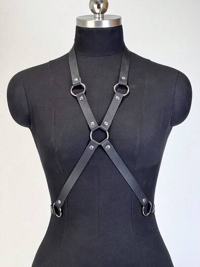 新款哥特风颈链式束缚带，性感镂空设计，黑色皮革可调节束身衣，适合日常穿着和节日派对使用。