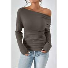 Women's Plain Minimalist Basic Ruched Asymmetrical Neck Drop Shoulder Tee, Elegance Mufti Clothes, Fall Long Sleeve T-Shirt For Everyday, Back To School T Shirts, Lady Clothes For Streetwear, Womenswear, Casual Wear - 駝色 - 查看 1
