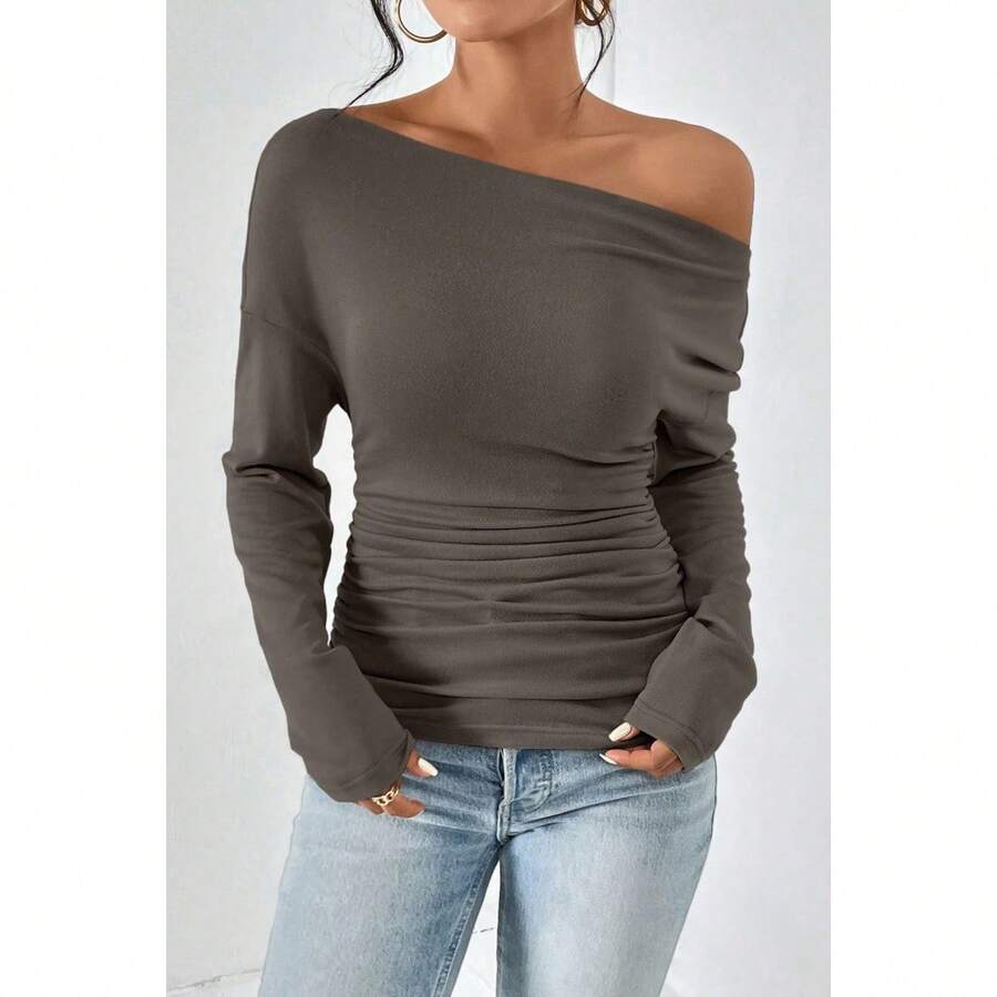 Women's Plain Minimalist Basic Ruched Asymmetrical Neck Drop Shoulder Tee, Elegance Mufti Clothes, Fall Long Sleeve T-Shirt For Everyday, Back To School T Shirts, Lady Clothes For Streetwear, Womenswear, Casual Wear - 駝色 - 查看 1