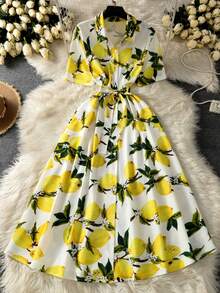 女士优雅、休闲、度假百搭柠檬印花衬衫裙，配有开衫纽扣细节和短袖