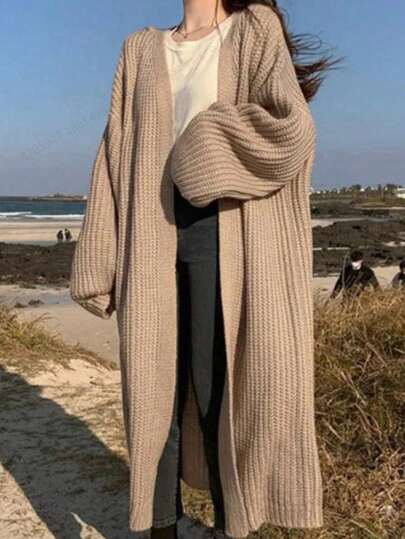 Plus Size Women Plus Size Lantern Sleeve Knitted Cardigan, Autumn/Winter Sweater