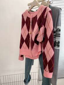 Women's Elegant Chic Minimalist Daily Commute Colorblock Diamond Plaid Single-Breasted Round Neck Long Sleeve Cropped Knit Cardigan, Halloween, Thanksgiving, Party Knit Top, Graceful Women's Knit Top Pink - Pink - View 1