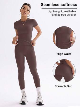 FWH Conjunto de dos piezas de top de unicolor lindo y elegante, de estilo campus juvenil, con cuello redondo, elástico, ajustado, de moda versátil, de cintura alta, ceñido, de control de abdomen, básico para uso diario, que alarga las piernas y levanta el trasero, ideal para baile, running y yoga