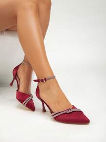 1双女士纯色酒红色高跟鞋，优雅商务性感派对婚礼时尚涤纶（聚酯纤维）金属链条水钻尖头细高跟鞋，适合派对和所有季节，红色鞋跟 - 酒紅色 - 查看 5