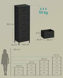SONGMICS Commode 5 Tiroirs, Meuble de Rangement pour Chambre, Acier, Panneau MDF, Tissu Non-tissé, pour Couloir, Entrée, Salon, Noir d'encre et Noir Boisé - Noir - Voir 7