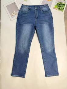 女士加大码保暖直筒裤 - 中腰设计，冬季保暖，日常百搭 - 藍色 - 查看 6