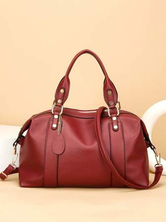 New Vintage PU Leather Women Handbag, Fashion Zipper Shoulder Bag With Detachable Strap, Women Work Travel 2-In-1 Bag, Gray, Black, Green