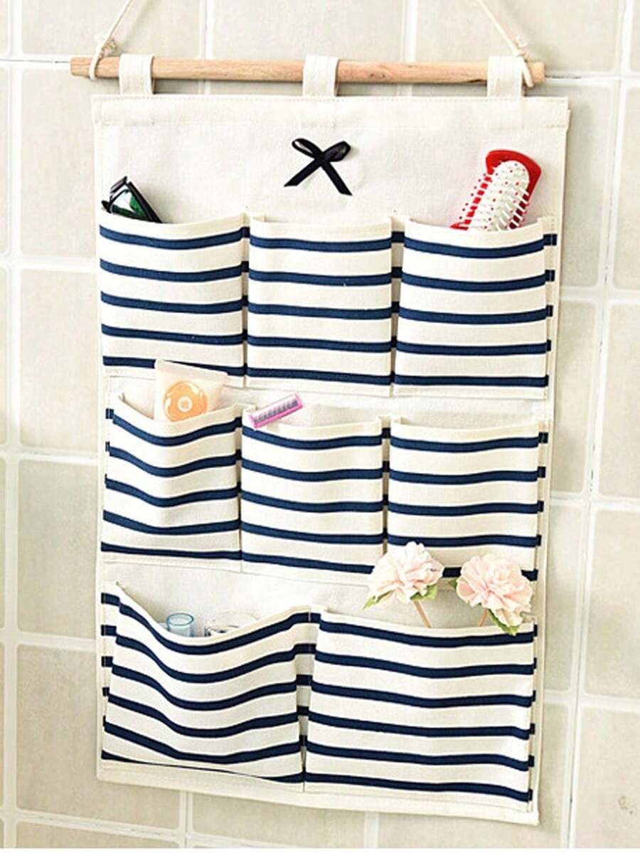 1 pieza Bolsa de almacenamiento grande para colgar sobre la puerta del baño, bolsa de tela con diseño de dibujos animados montada en la pared, bolsa de almacenamiento reforzada para estudiantes - azul - Ver 1