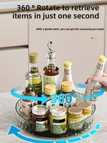 1个厨房多功能旋转收纳架，用于存放香料和调味料，透明色，香料瓶收纳架，旋转托盘