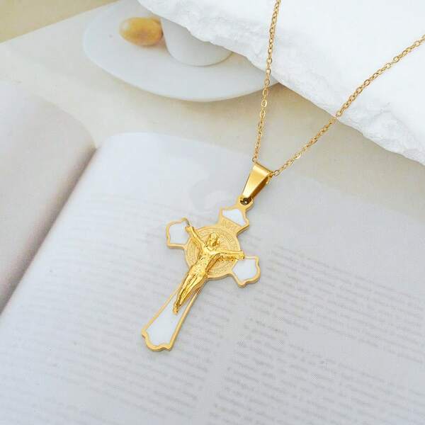 1pc Stainless Steel Vintage Prayer Cross & Figure Pendant Necklace, Luxury Streetwear